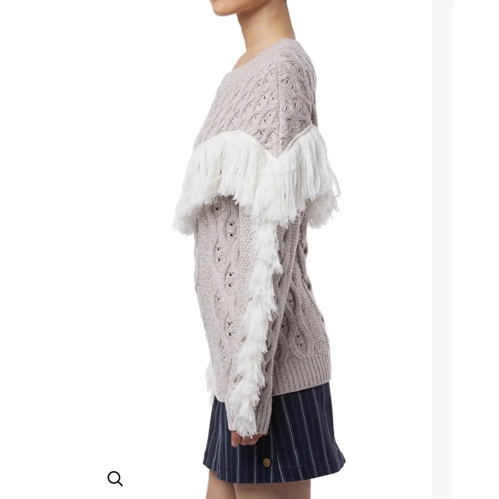 Amur Sweater Women Large Gray Cable Knit Western Fringe Fisherman‎ Sweater Wool